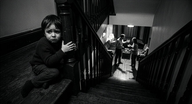 Petit gar&ccedil;on effray&eacute; cach&eacute; dans les escaliers pendant que ses parents se disputent &agrave; l'arri&egrave;re-plan - style ann&eacute;es 80 photo argentique	
