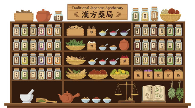 Traditional Japanese apothecary shelf filled with herbal medicine jars isolated on white background