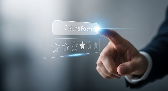 A businessman in a suit interacts with a digital customer review interface, symbolizing modern feedback and rating systems.