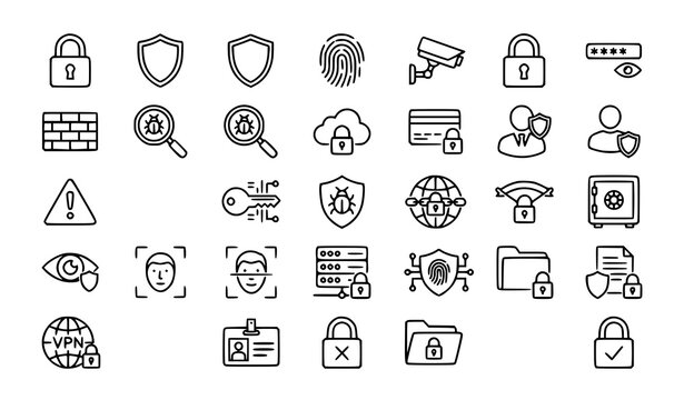 Security and protection thin line icons set with editable stroke cybersecurity symbols including lock shield firewall biometric and data privacy vector collection