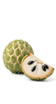 Custard Apple Fruit Cut in Half Isolated on White Background Macro Photography