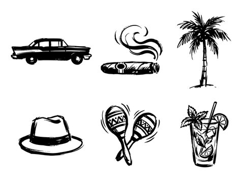 Cuban vacation icons collection, minimalist black ink brush illustrations, vintage car, cigar, palm tree, maracas