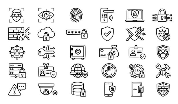 Cybersecurity and data protection thin line icons set with editable stroke including biometric firewall encryption secure payment and network safety symbols vector collection