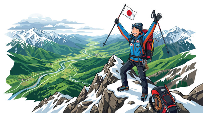 Female mountaineer reaching the summit of a snowy mountain with a Japanese flag illustration isolated on white background