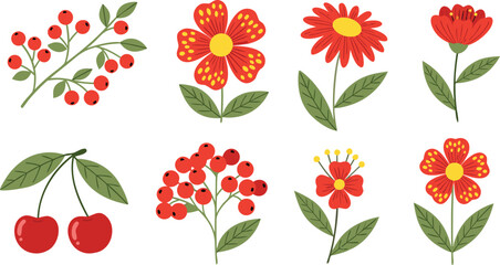 Colorful floral and berry illustration set with leaves and cherries, decorative nature elements collection for spring design, packaging, textile, and botanical graphics use © MdAbuSayed