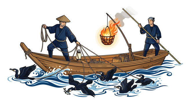Traditional Japanese cormorant fishermen on wooden boat with fire basket illustration isolated on white background