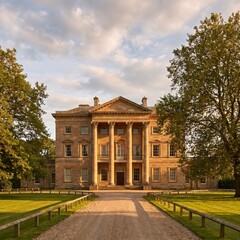 Obraz premium Majestic neoclassical mansion with grand columns, bathed in warm golden hour light, featuring a long gravel driveway and lush green trees, isolated on transparent background.