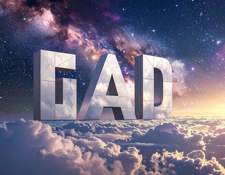 GAD letters composed of polished metal panels hover above a dense cloud blanket beneath a swirling purple and gold nebula.