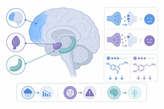 Depression brain neuroscience illustration with neurotransmitters
