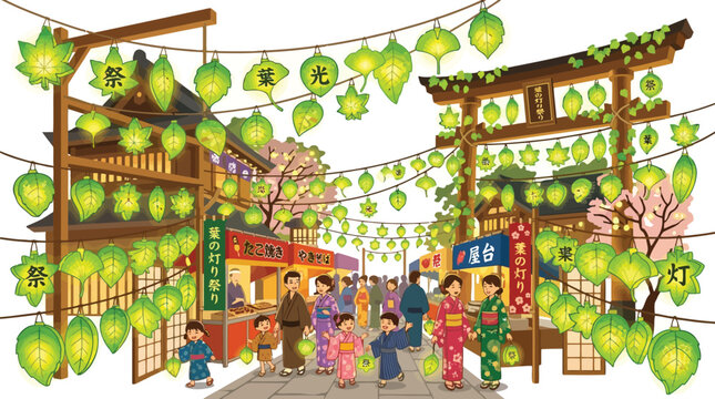 Traditional Japanese summer festival street filled with lanterns and people in colorful yukata isolated on white background