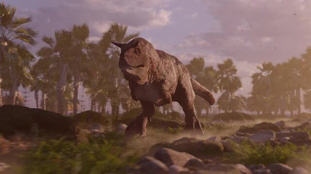 Cinematic 3D animation of a Carnotaurus dinosaur running on the prehistoric landscape