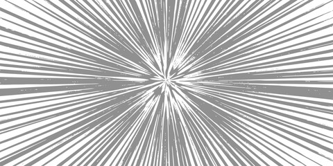 Fototapeta premium Dynamic grey sunburst pattern with radial lines and textured distressed edges on white background for graphic design