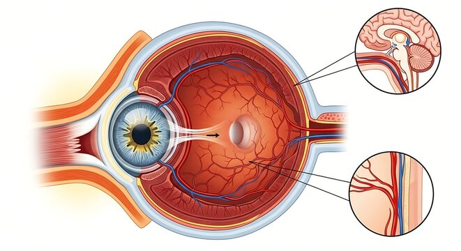Educational medical illustration showcasing the internal structure of a human eye, highlighting the optic nerve and retina. Ideal for healthcare marketing, medical education, and scientific presentati