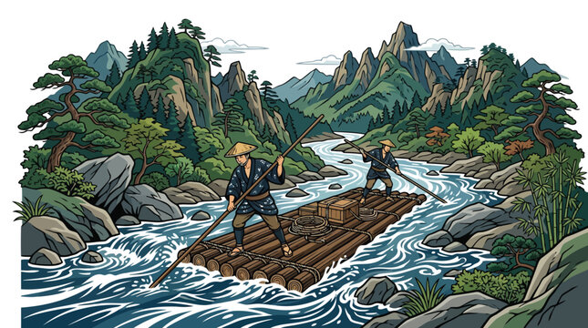 Men navigating wooden raft down mountain river in traditional Japanese style vector illustration isolated on white background