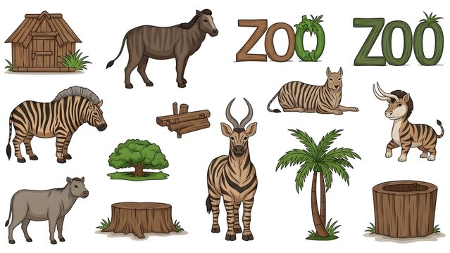 Collection of various zoo elements including different types of zebras, an antelope, a hut, fences, trees, and a well.