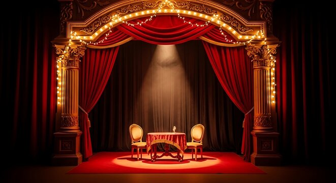 Elegant stage with golden proscenium arch and chairs