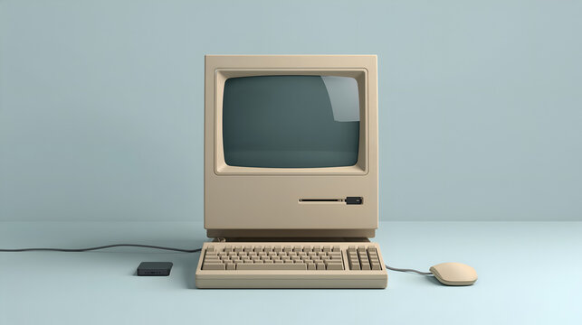 "Vintage Beige Desktop Computer with CRT Monitor &ndash; Retro Technology Setup with Keyboard, Classic PC Design, Minimal Gradient Background, Nostalgic Tech Concept"