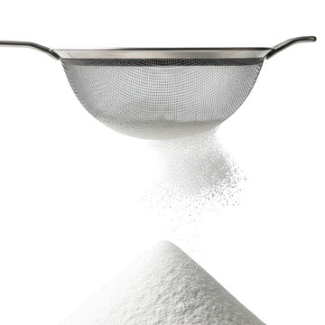 Stainless steel sieve sifting white flour, fine powder falling from metal mesh strainer into a pile, professional kitchen baking tool for pastry preparation and culinary cooking concepts