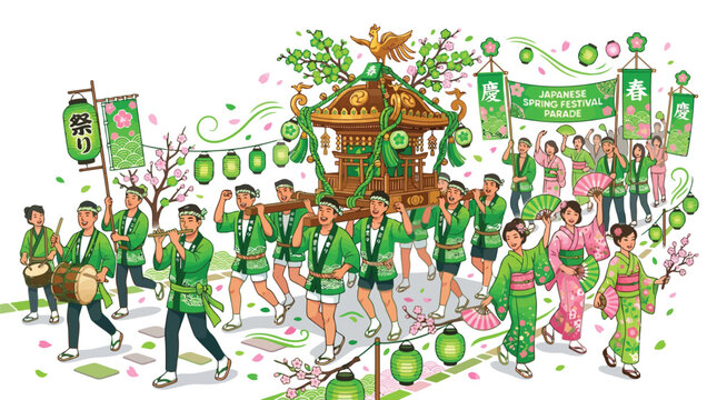 Group of happy people in traditional green happi coats celebrating Japanese spring festival parade isolated on white background