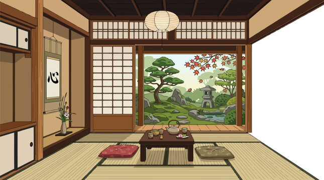 Serene Japanese room interior with tatami mats overlooking a beautiful garden with autumn trees isolated on white background