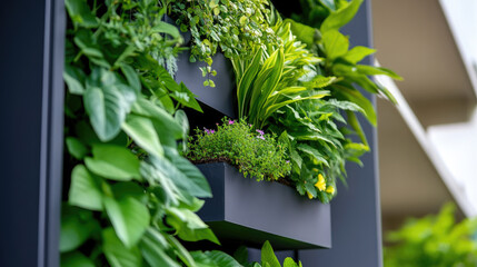 Vertical garden creating a lush, green wall on a building facade, displaying a vibrant array of native plants and small wildflowers, enhancing urban biodiversity and sustainable city living