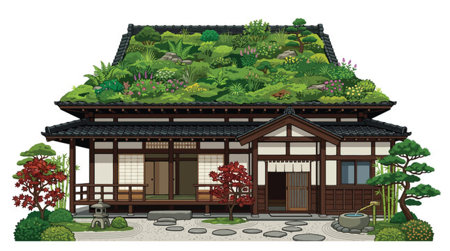 Traditional Japanese house with a lush green garden roof and stone zen elements vector art isolated on white background