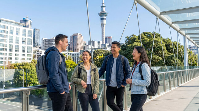 International students in Auckland, New Zealand, study abroad and education concept. 
