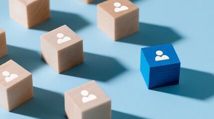 Fototapeta premium Unique individual stands out from a crowd of similar blocks, symbolizing distinction, leadership, and personal branding in a professional context