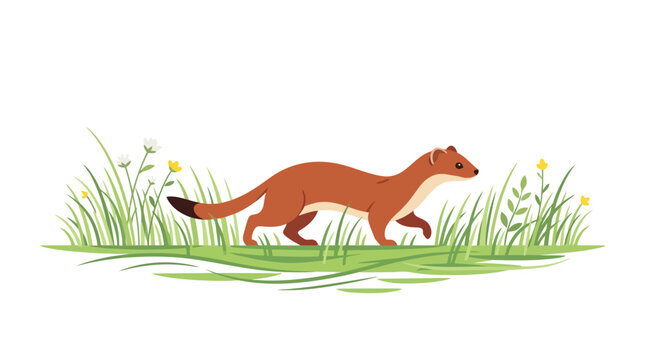 Small brown weasel walking through lush green grass with wildflowers in natural meadow habitat isolated on white background