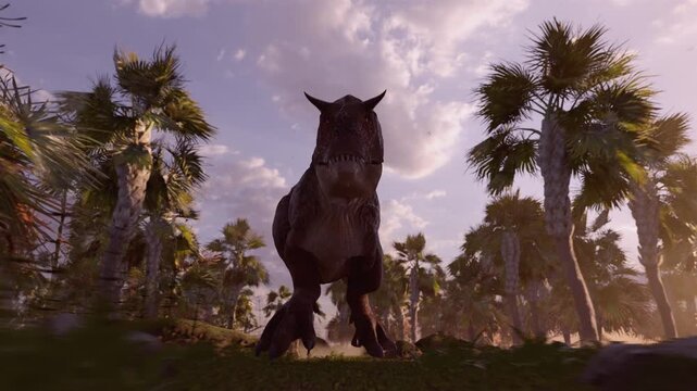 Cinematic 3D animation of a Carnotaurus dinosaur running on the prehistoric landscape