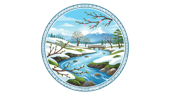 Scenic Japanese mountain landscape in winter with river and bridge inside circular frame vector isolated on white background