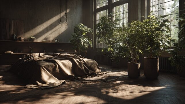Sunlight streams through tall windows illuminating a cozy bedroom filled with numerous potted plants