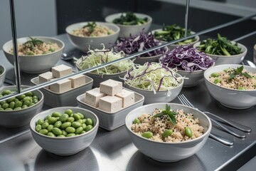 Fototapeta premium Healthy meal prep bowls with grains, edamame, tofu and shredded cabbage on counter