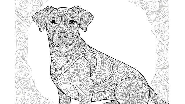Intricate zentangle-style adult coloring page featuring a sitting dog with detailed patterns and decorative frame.