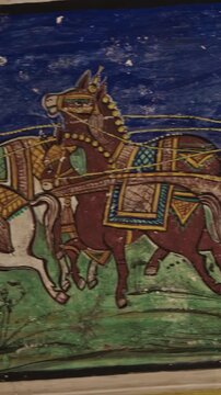 Frescoes Decoration On Wall Of Hanuman Temple In Jaipur, India. Religious Motifs From