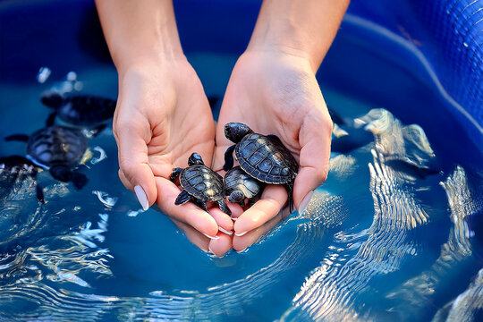 Hands hold baby sea turtles near water during day on  sunny beach. 
 person holds three baby sea turtles in their hands near ocean. water is clear and sun is shining. for wildlife and ocean life.