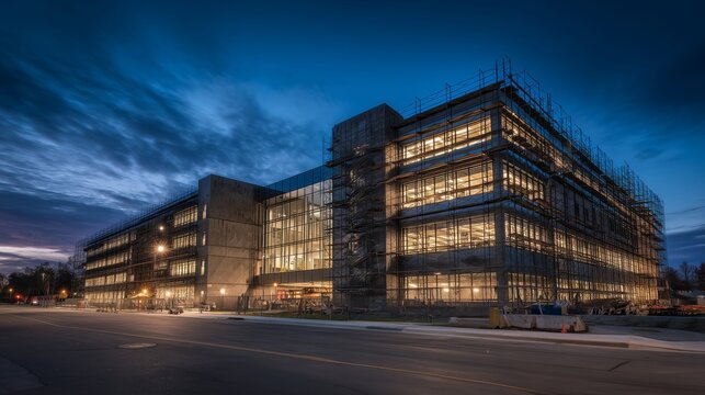 Wide Panoramic View of Large Commercial Building Under Construction With Scaffolding at Golden Hour Dusk