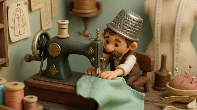 A claymation style tailor with a thimble hat diligently operates a vintage sewing machine in a creative workshop setting, showcasing the intricate detail and whimsical charm of artisanal craft.
