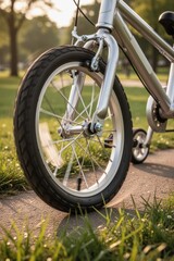Fototapeta premium Bicycle wheel close-up on path in park with green grass and warm sunlight