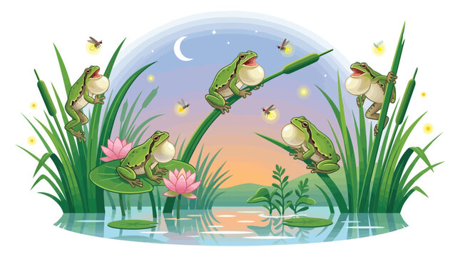 Group of cute green frogs croaking on lily pads in pond with fireflies at night isolated on white background