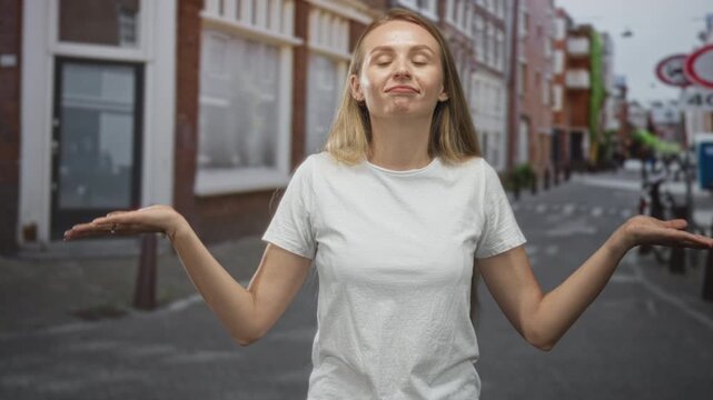 Woman palms up shrugging on a city street in a white tshirt, looking upward with a puzzled expression; uncertainty question.