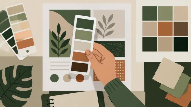 A designer hand gently shifts a color palette card across a mood board filled with earthy tones and artistic textures to refine a creative project for professional interior design concepts.