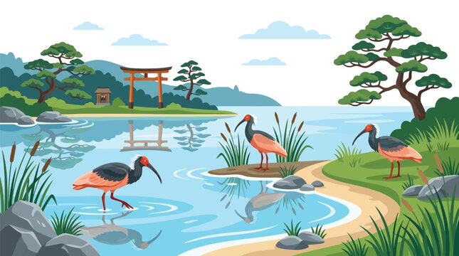Pair of crested ibises standing in shallow water near traditional torii gate at lake isolated on white background