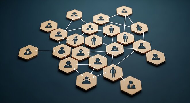 A stylized 3D arrangement of hexagonal tiles featuring interconnected human icons, symbolizing teamwork, networking, and digital collaboration. Ideal for business presentations, tech marketing, and co
