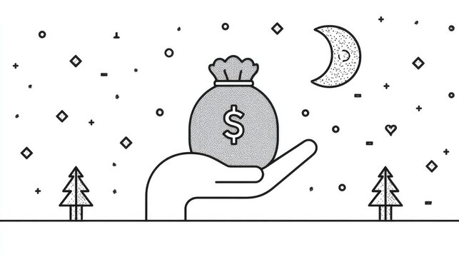 Stylized depiction of a hand offering a sack of currency under a nighttime winter scene