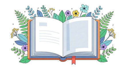 A stylishly illustrated open book with blank pages framed by lush greenery, flowers, and leaves. Perfect for educational, marketing, or lifestyle projects emphasizing learning, nature, and creativity.