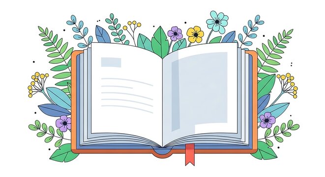 A stylishly illustrated open book with blank pages framed by lush greenery, flowers, and leaves. Perfect for educational, marketing, or lifestyle projects emphasizing learning, nature, and creativity.