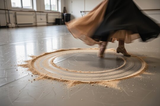 Woman dancing in studio creating circular sand pattern with flowing skirt