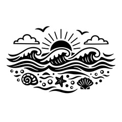 Fototapeta premium Black and white beach scene with sun, waves, and sea creatures on a white background