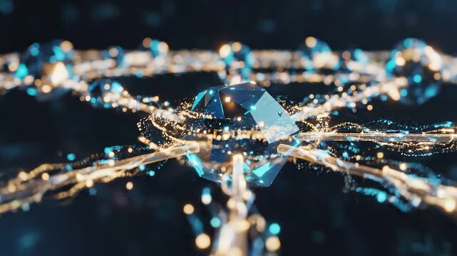 Abstract representation of blockchain technology with interconnected nodes and glowing lights in a dark environment